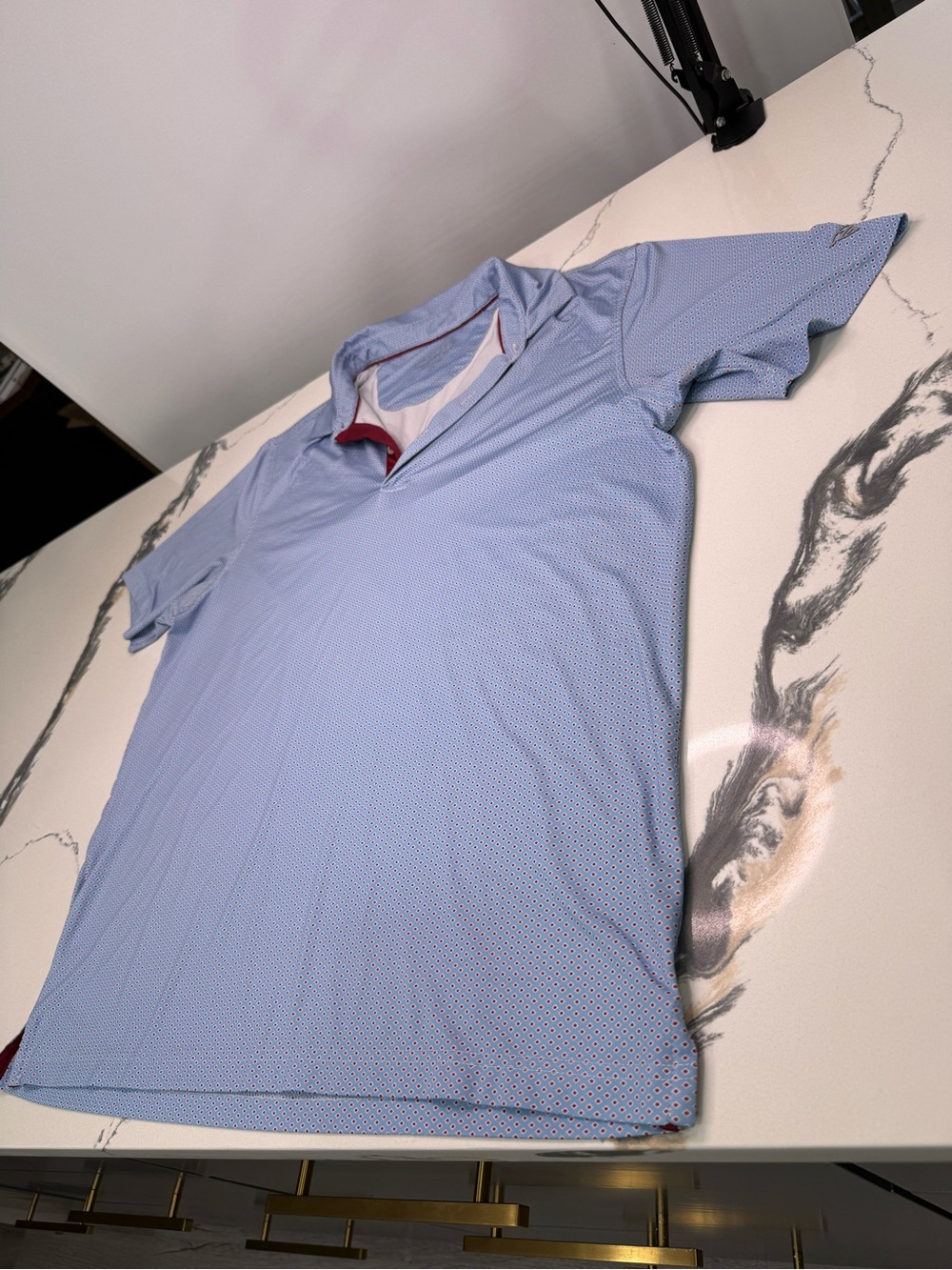 Maelreg Performance Golf Polo Shirt Men's L Blue/Red Geometric Pattern